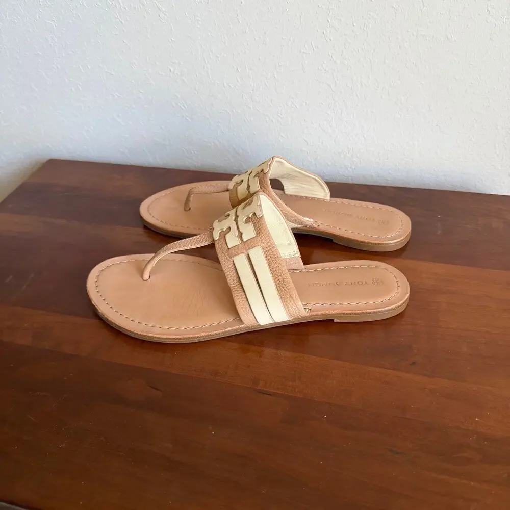 Tory Burch Leigh Tumbled Leather Cream Tan Thong Sandal Women 8.5 Summer Classic